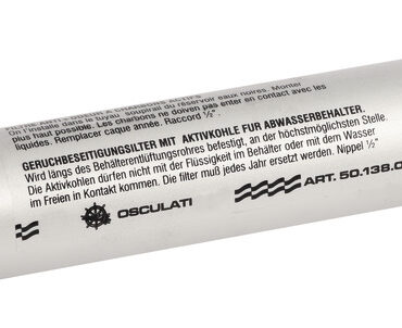 Filtro ai carboni attivi per sfiato serbatoio acque nere. Elimina i cattivi odori. Fabbricato in alluminio e nylon. Completo di fascette gommate in acciaio inox per il fissaggio a parete.