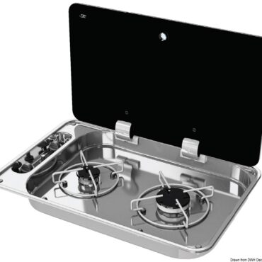 Con coperchio in vetro nero fumè, temperato, autobloccante. Cerniere a scomparsa. Griglia di supporto in inox con gommini antivibrazione.Bruciatori ad alta efficienza. Accensione manuale. Omologazione CE.