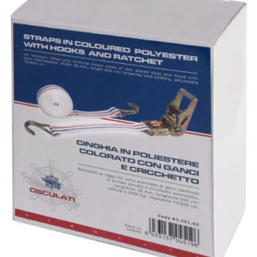 Resistenti ai raggi UV, sono provviste di ganci terminali in acciaio zincato e cricchetto intermedio, sempre in acciaio zincato per tendere a piacere il nastro. Sono adatte per fissare gli scafi sul tetto dell’auto o sui carrelli tramite gli anelli di prua o di poppa.